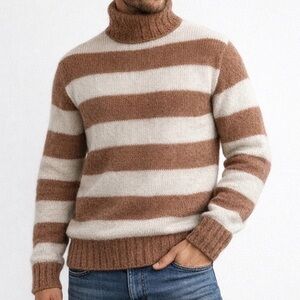 Fendi Mohair Striped Turtleneck Sweater Brown Cream Size US L / IT 50